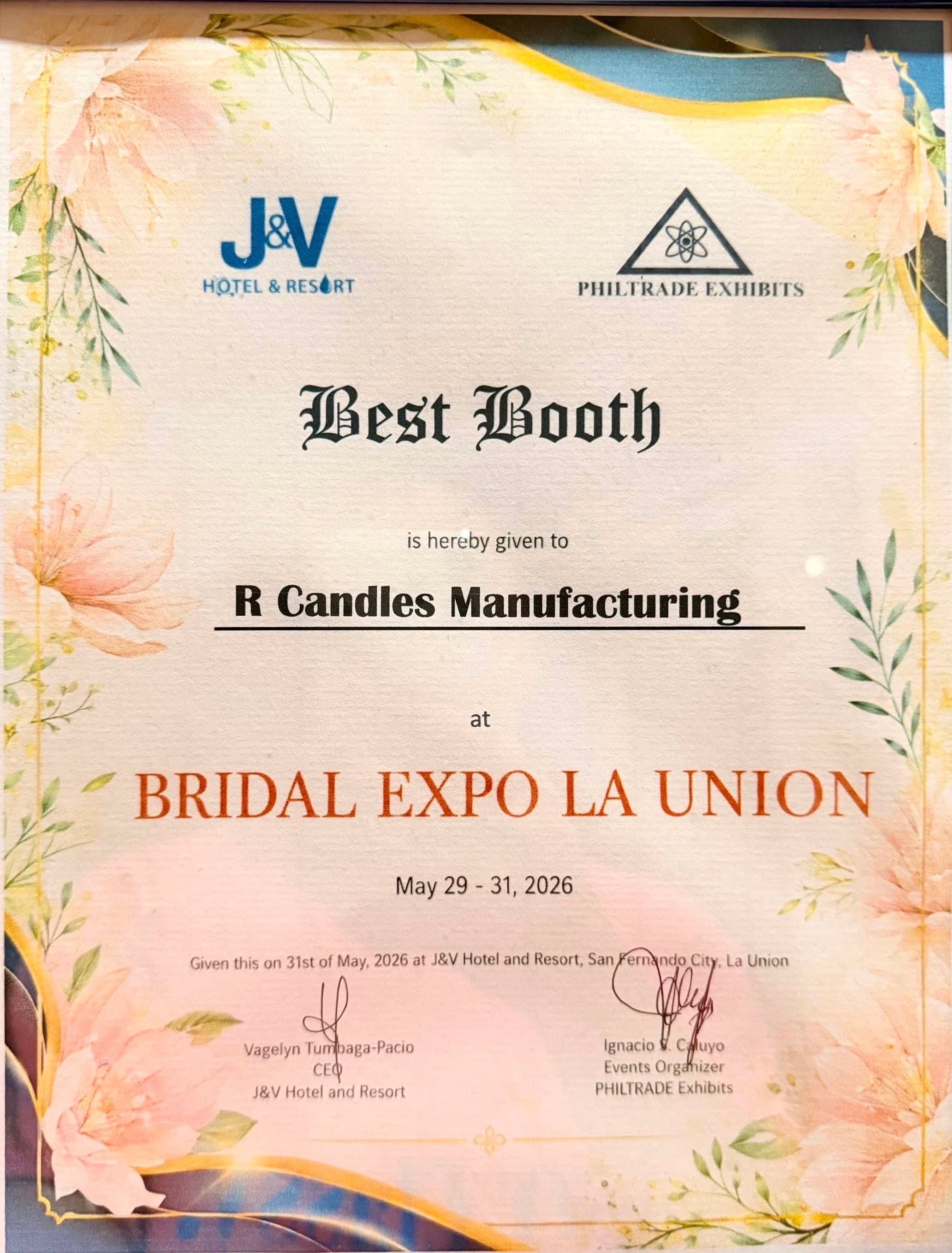 Best Booth award certificate for R Candles Manufacturing at Bridal Expo La Union, May 2026